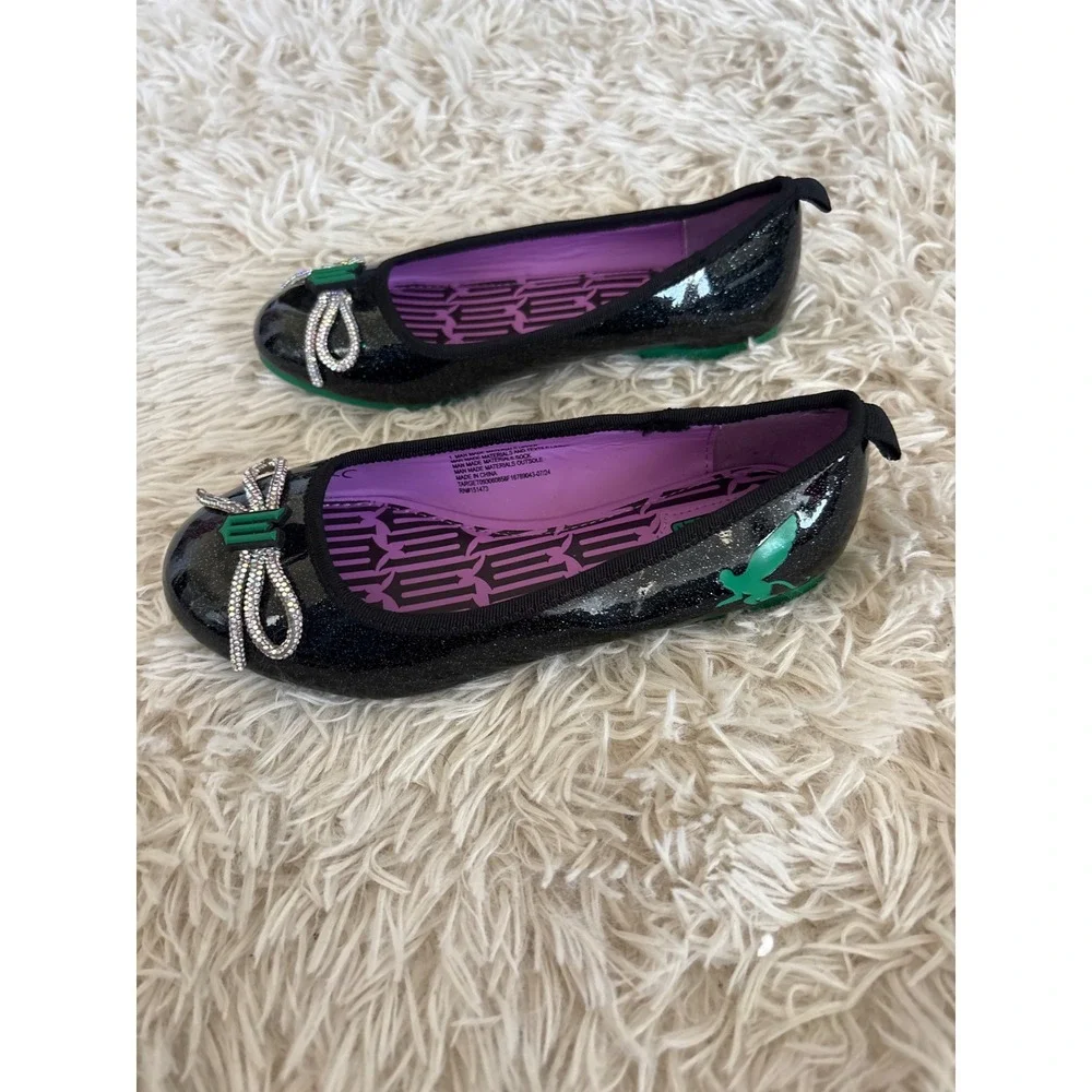 Wicked Ground Up Black Glitter Bow Ballet‎ Flats Green Sole Sparkle Shoes NWOT